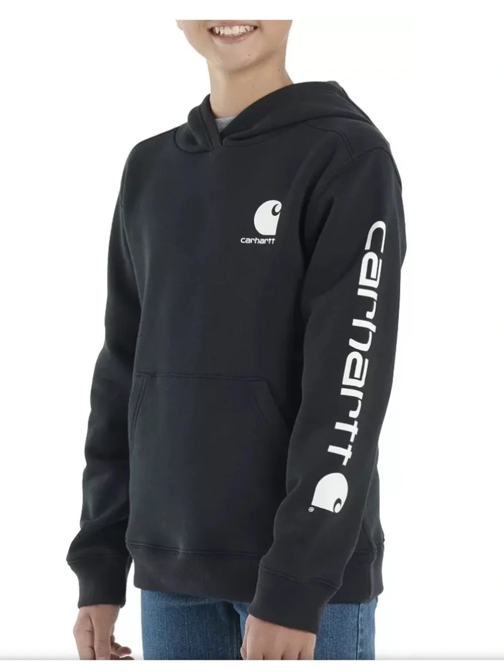 Carhartt Kids Black Pullover Hoodie with White Logo medium